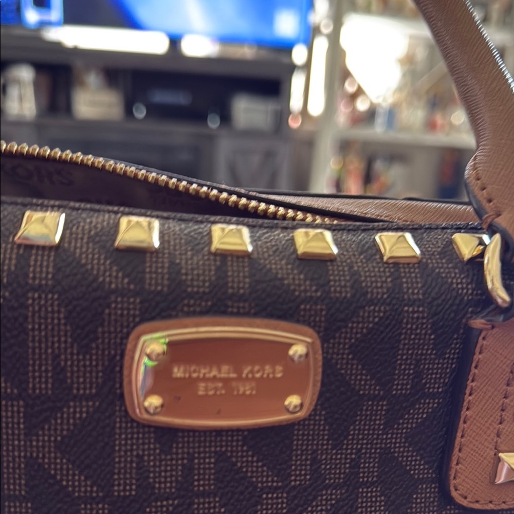 MICHAEL Michael Kors Brown and Tan Satchel with Gold Accents